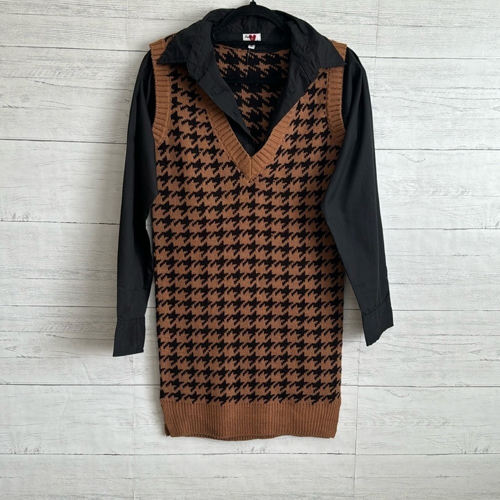 Heart & Heels Dogstooth V-Neck Button Up Cardigan Collared Black | SIZE M - Picture 2 of 12